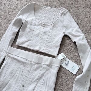 New ZARA Ribbed Co-Ord Set – Skirt & Long Sleeve Top – Stone/Beige – Size S